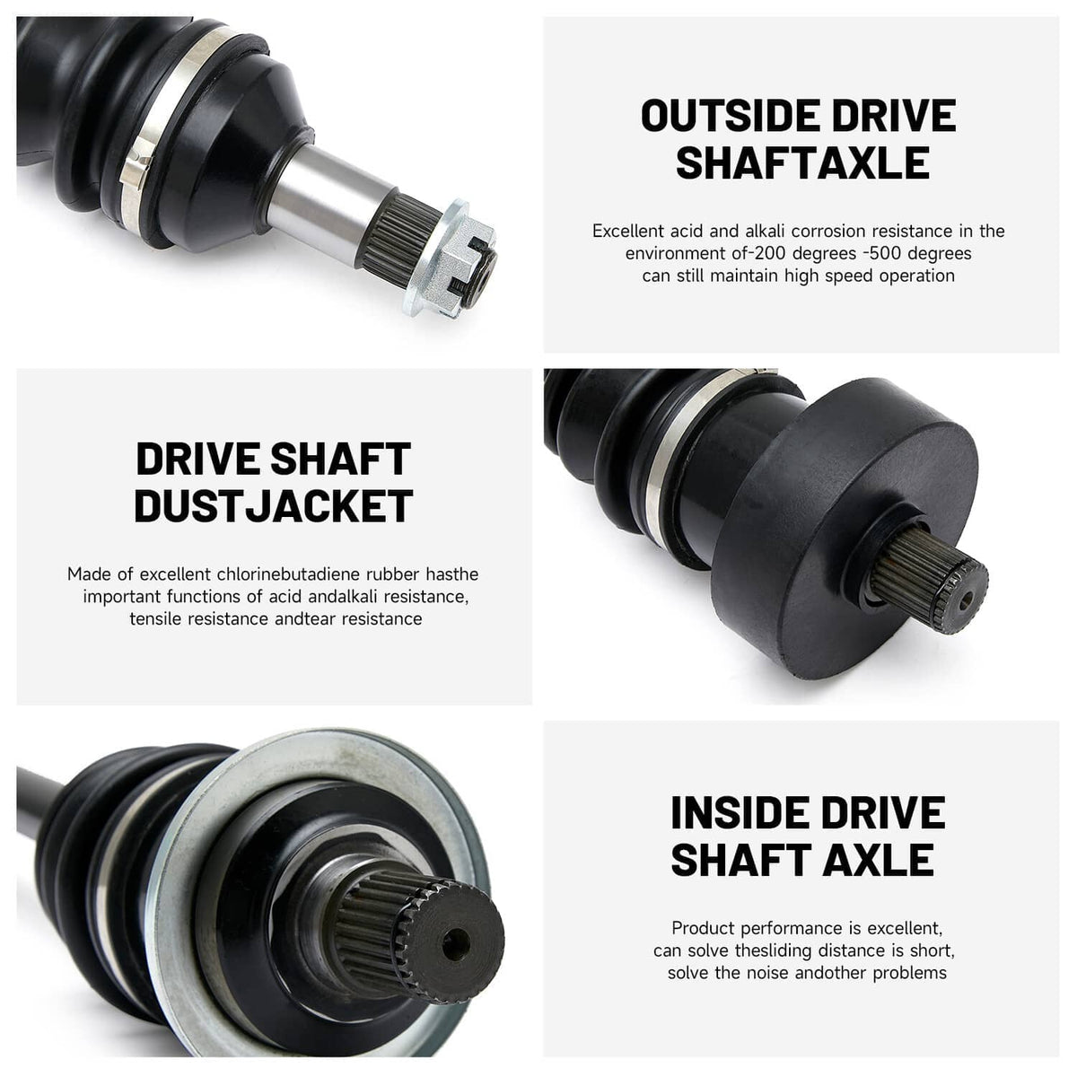 CV axle shaft with inside and outside dust jackets and ribbed rubber boots
