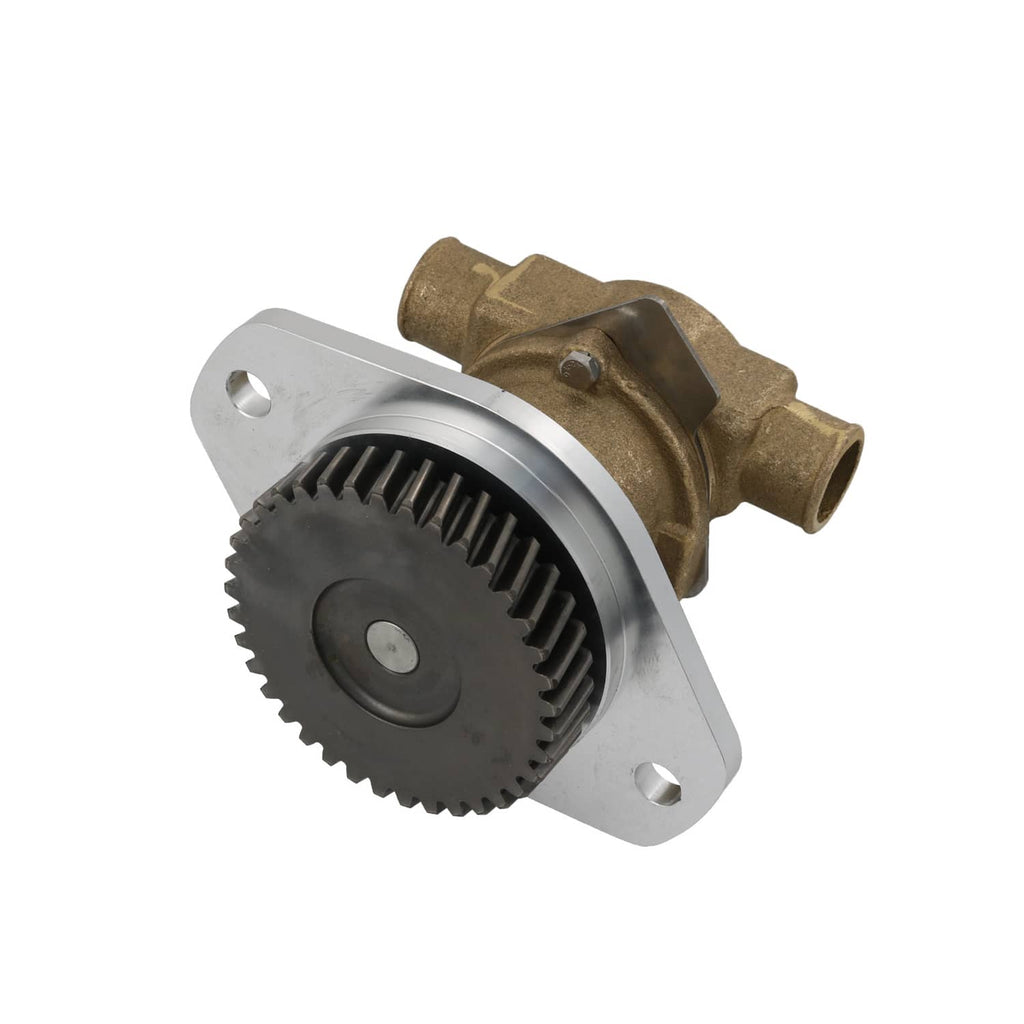 Raw water pump assembly with pulley gear and brass-colored housing