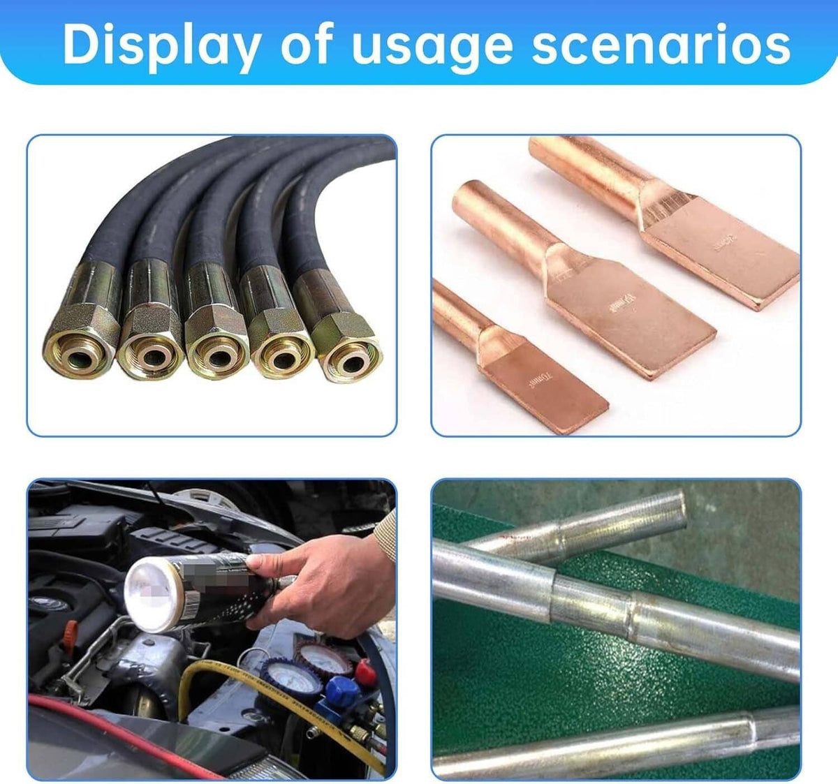 Crimped hydraulic hose ends with metal connectors shown in usage scenarios