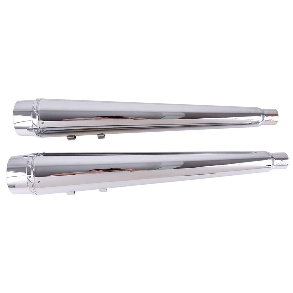 Pair chrome slip-on mufflers with polished cylindrical ends and mounting straps