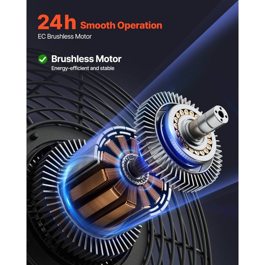 EC brushless motor detail with blue-lit fan components in a black housing