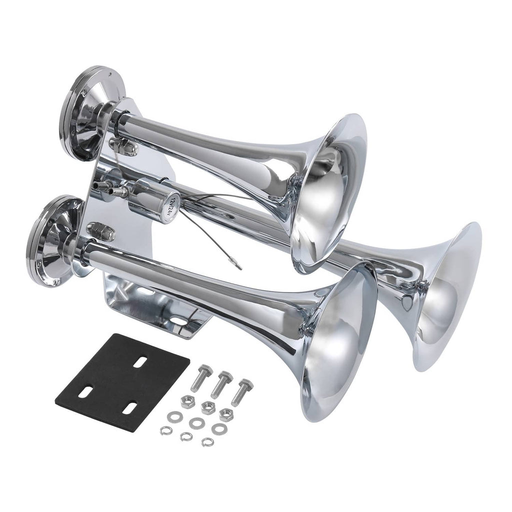 Triple trumpet air horn kit with chrome bells, mounting plates, and screws