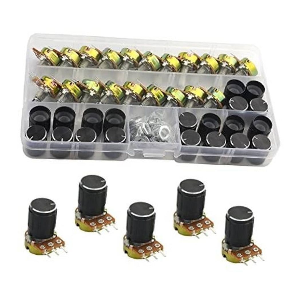 20-pack linear taper rotary potentiometers with knurled shafts, black knobs, pin terminals