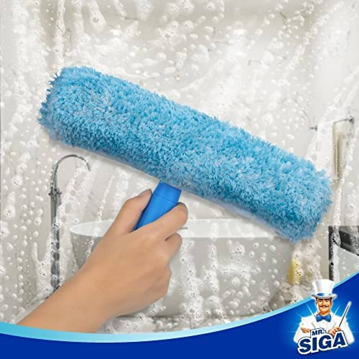 Light-blue microfiber window scrub pad on blue handle for wet glass cleaning