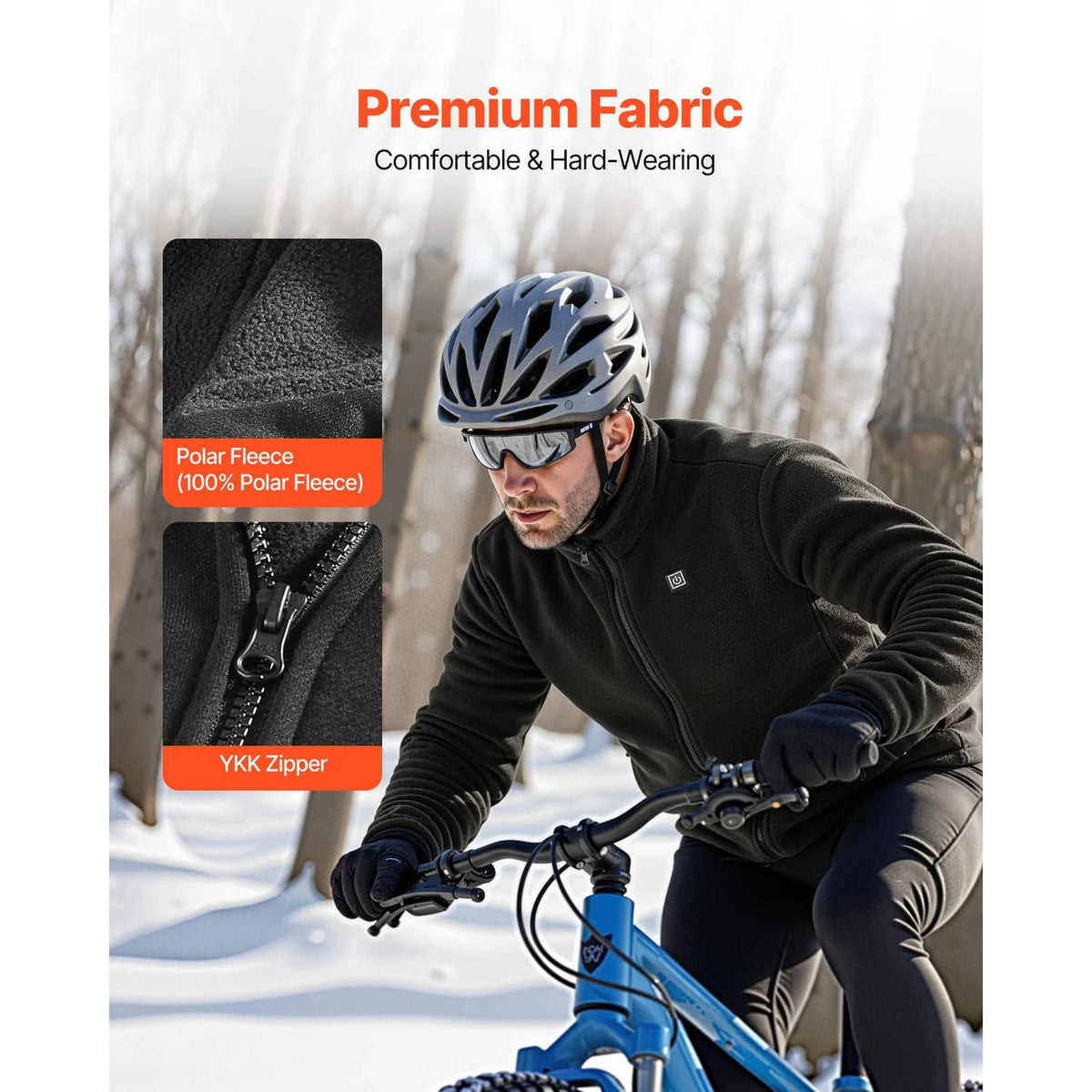 Black zip-up heated fleece jacket with high collar on outdoor model