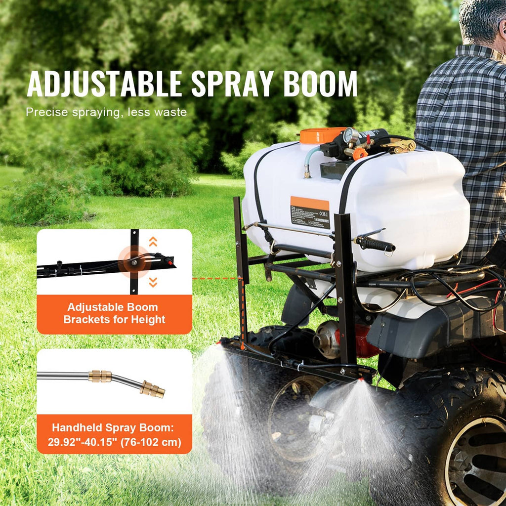 ATV spot sprayer with white tank, orange cap, and adjustable spray boom