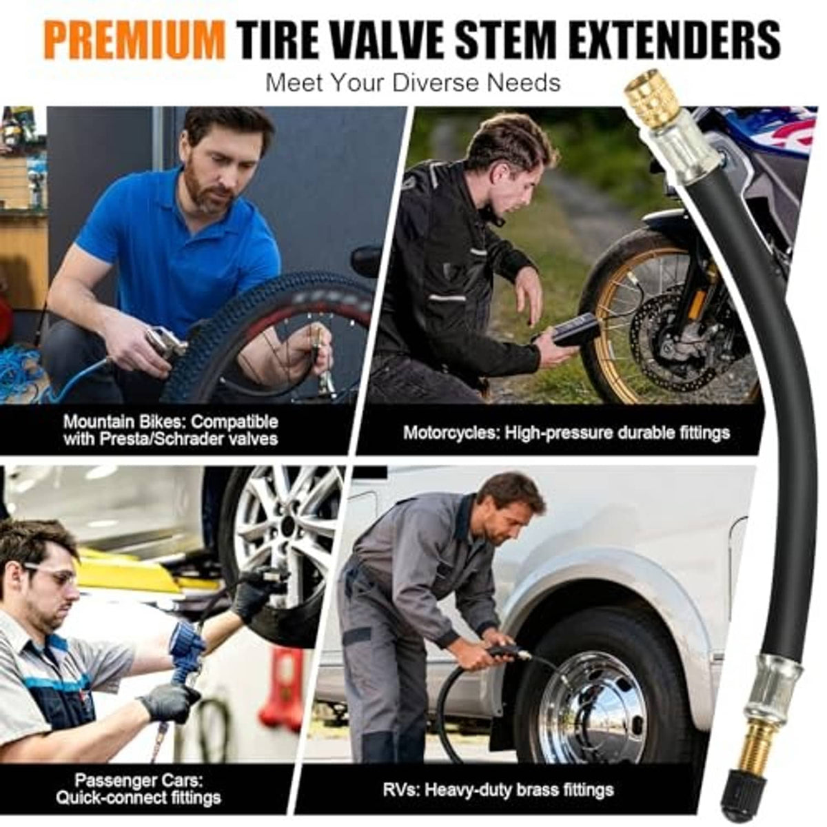 Tire valve stem extender with black rubber hose and brass fitting on vehicle wheel