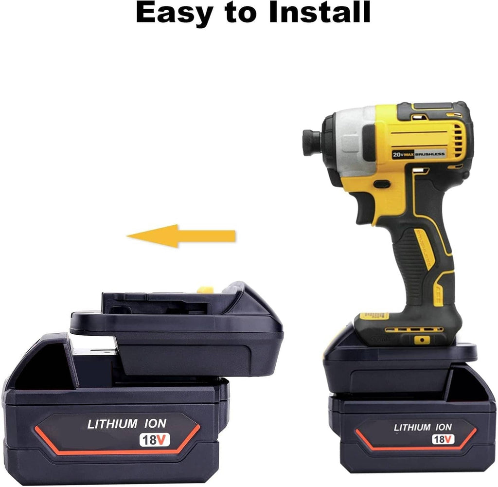 Black battery adapter with yellow buckle and open bay for easy installation