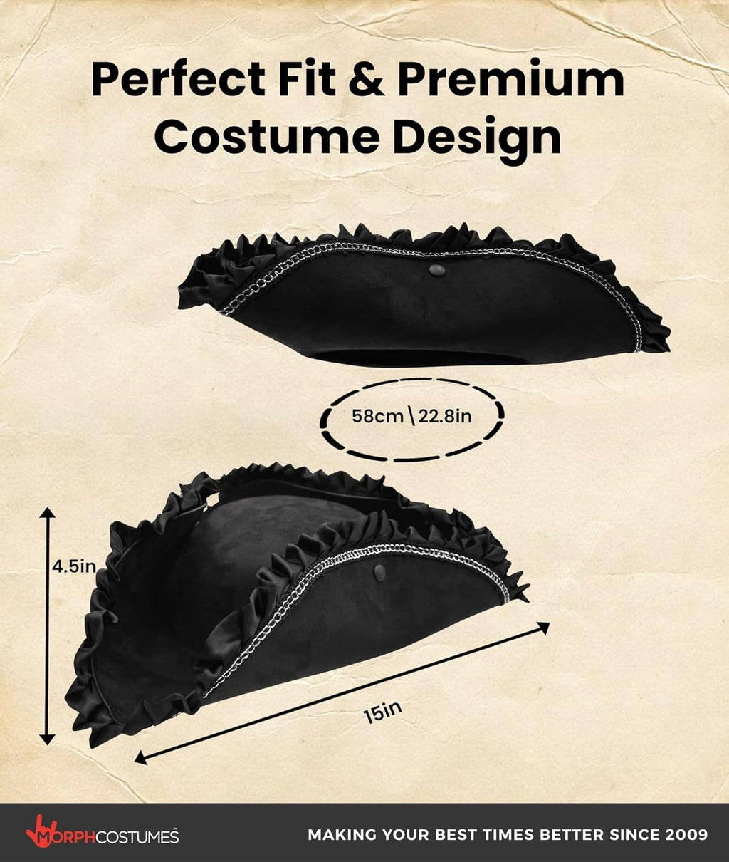 Black pirate tricorn hat with ruffled brim and silver chain trim, size shown.