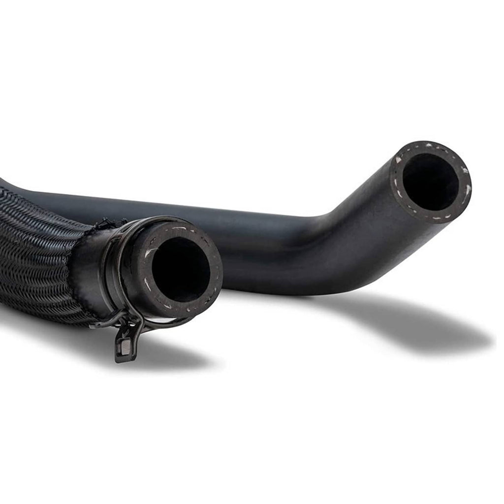 Black HVAC heater inlet hose with braided section and two circular ports