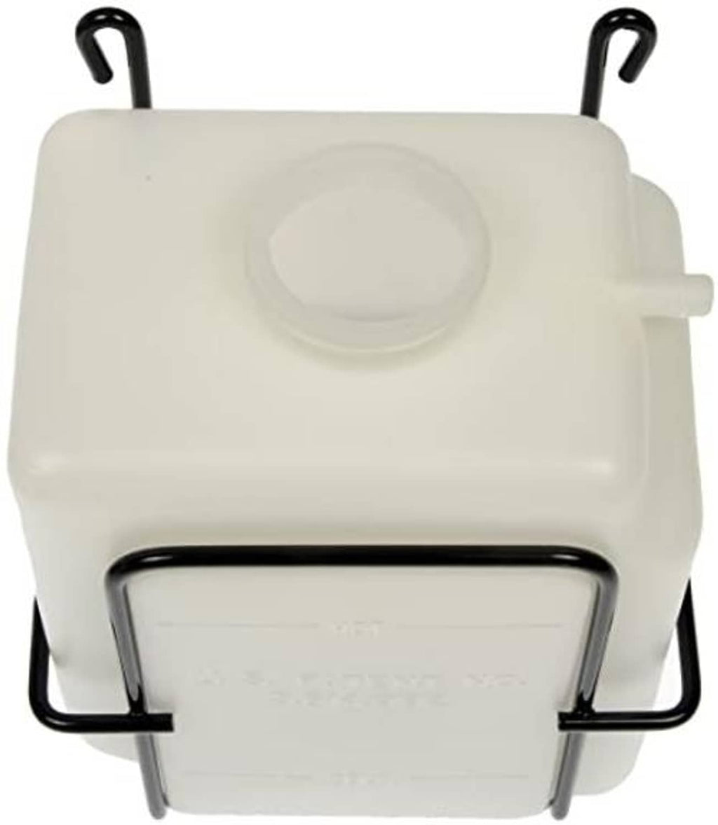 Engine coolant recovery tank with circular cap opening and black front mounting frame
