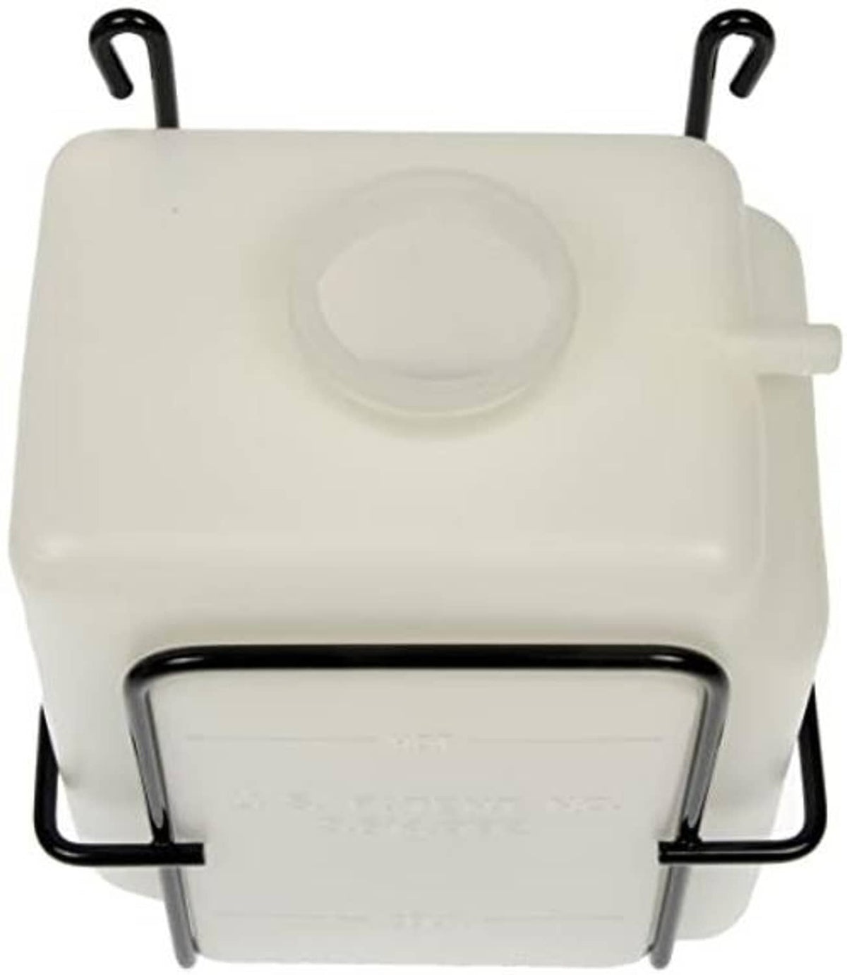 Engine coolant recovery tank with circular cap opening and black front mounting frame