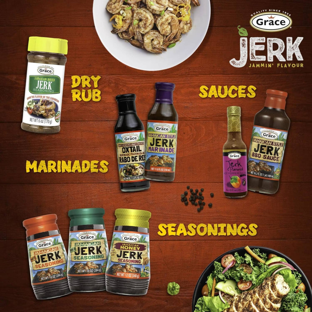 Grace Jamaican Jerk seasoning jars with assorted jerk marinades and sauces on display.