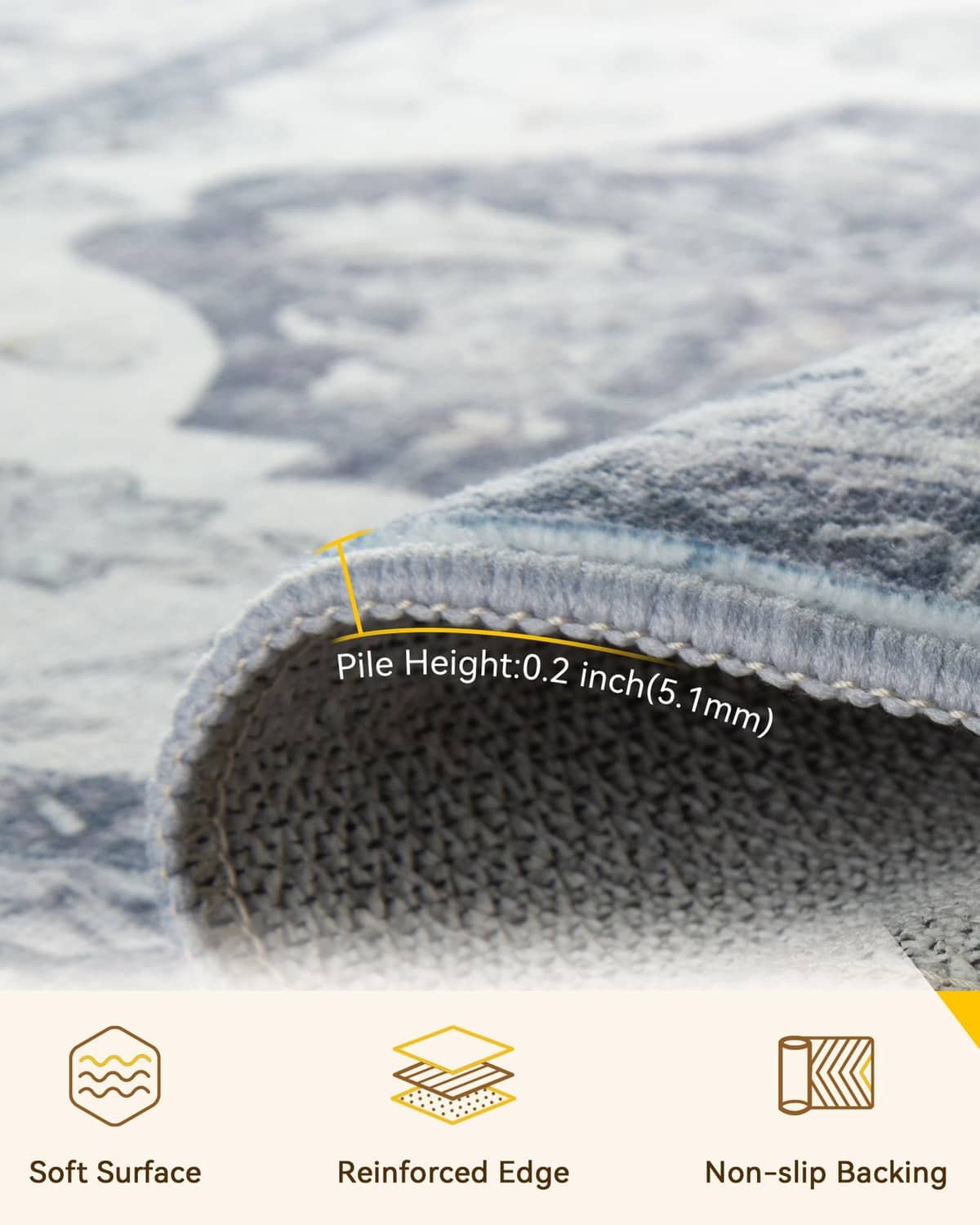 Close-up of grey and white rug edge, showing short low pile and reinforced stitching