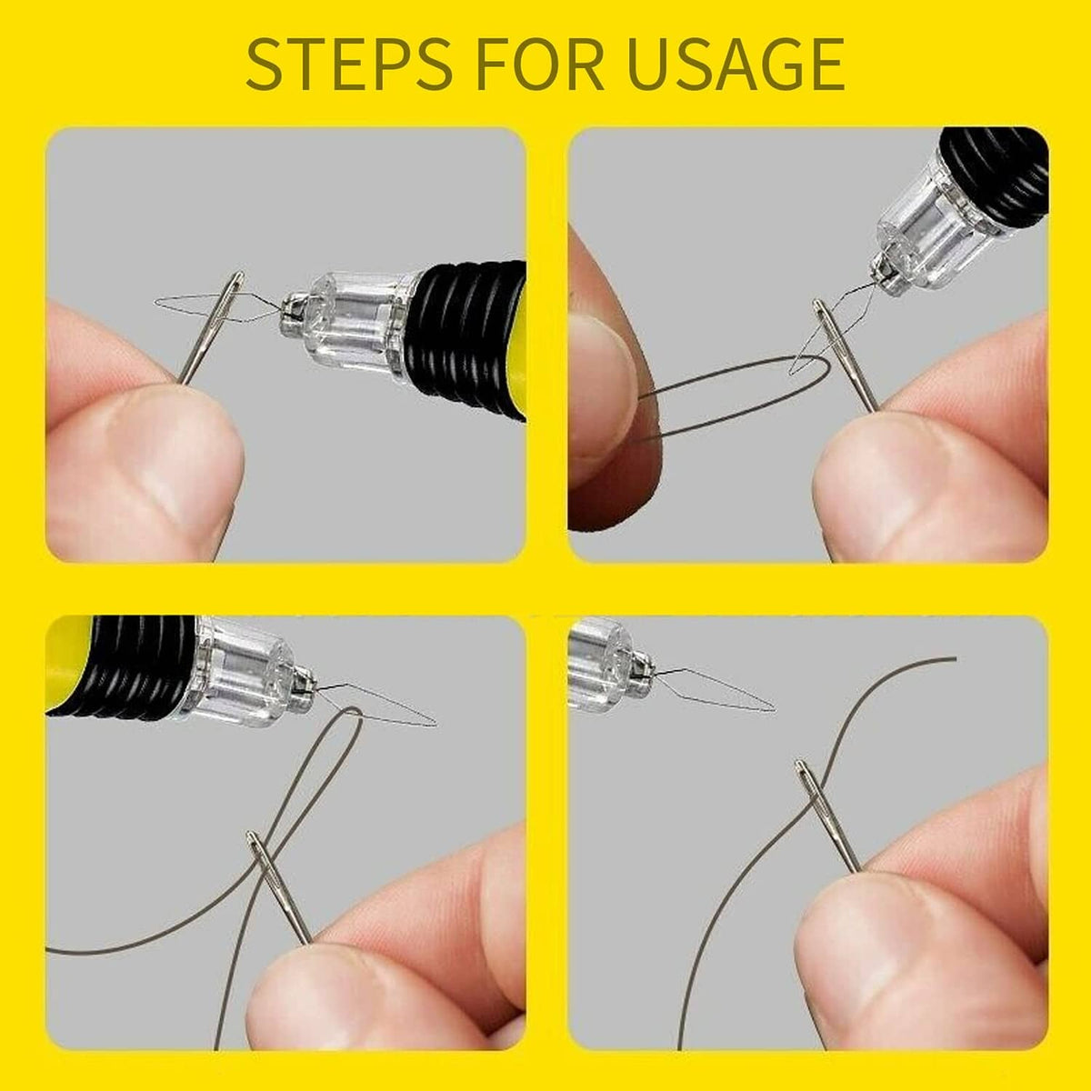 LED needle threader close-up in use, yellow handle and clear tip threading a needle