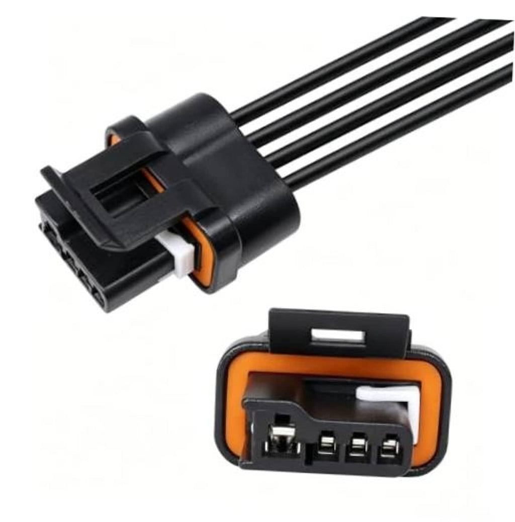 Voltage regulator connector plug harness with black housing and orange latch, 4-wire terminals