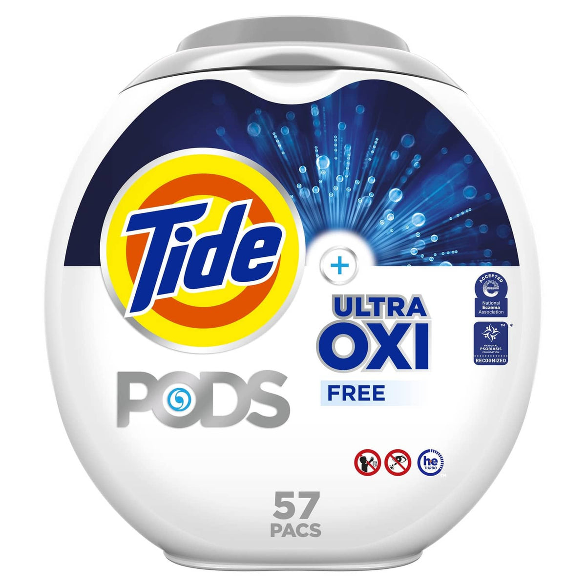 Tide Ultra Oxi Free laundry detergent pods container, 57-count pack