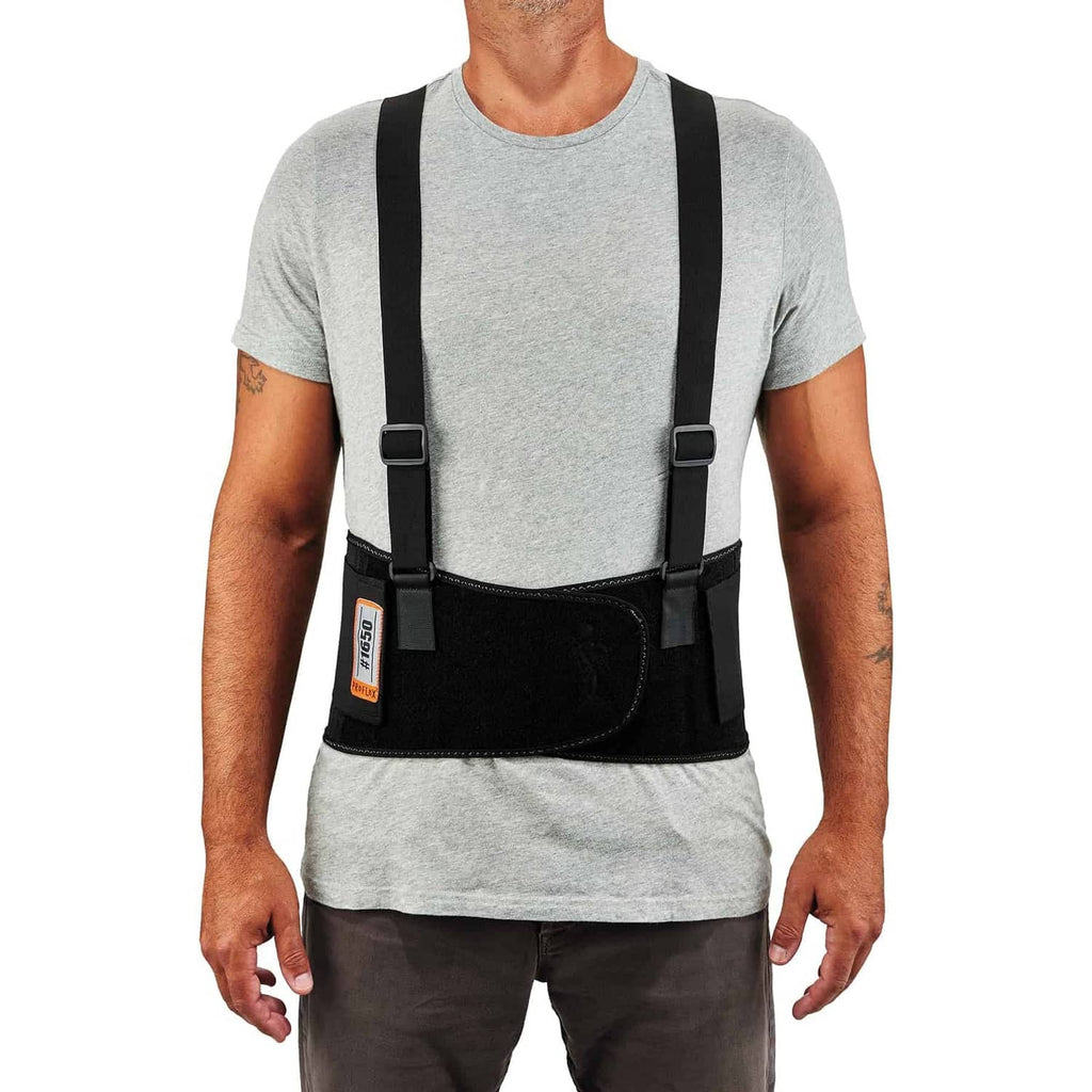Black lumbar support belt with front support panel and two adjustable shoulder straps