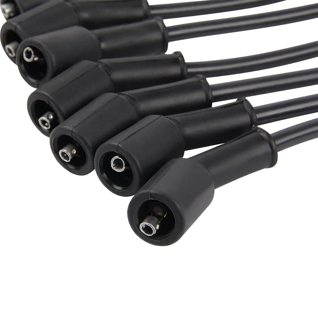Black spark plug wire set with black boots and metal terminals, angled connector ends