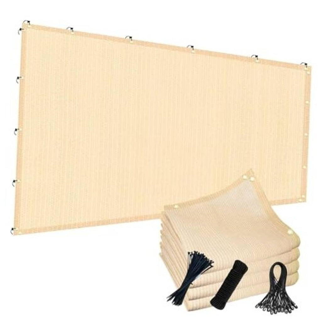 Beige sun shade cloth panel with metal grommets and included tie accessories bundle