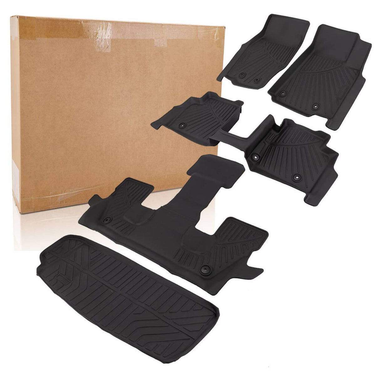 Black all-weather TPE floor mats in set with molded contours and mounting holes