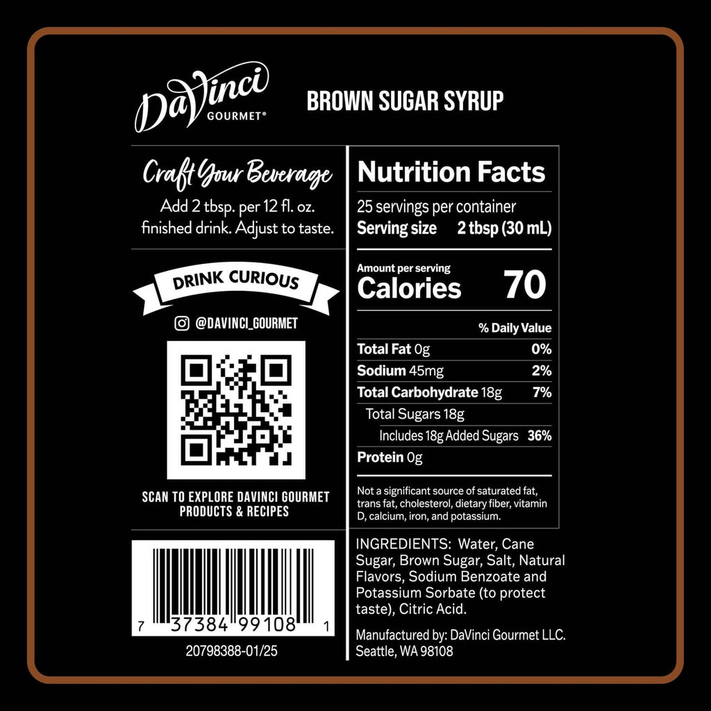 DaVinci Gourmet brown sugar syrup bottle label with nutrition facts