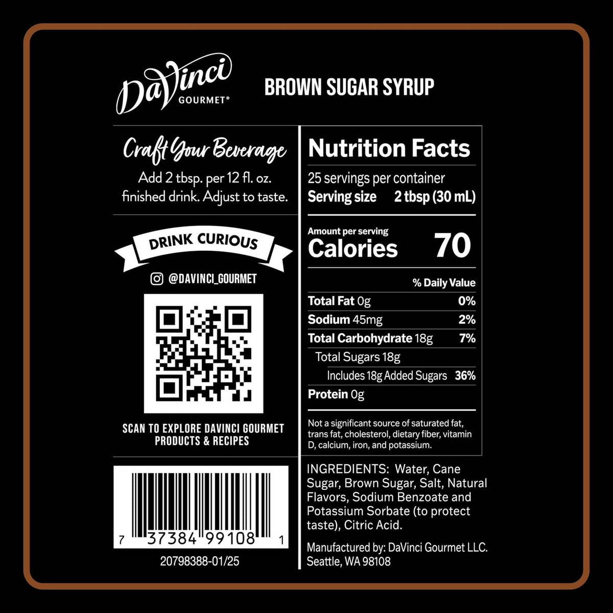DaVinci Gourmet brown sugar syrup bottle label with nutrition facts