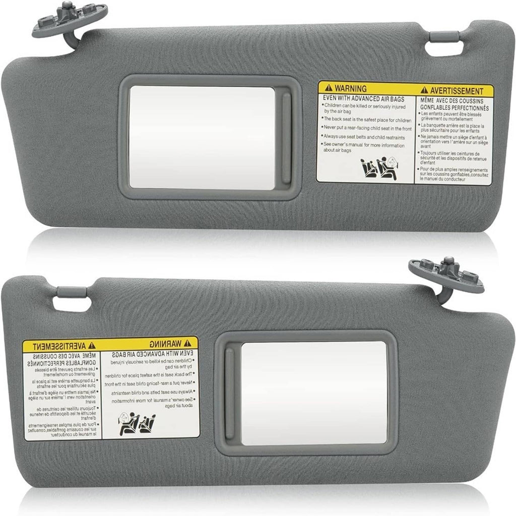 Gray sun visor pair with rectangular mirror openings and mounting clips.