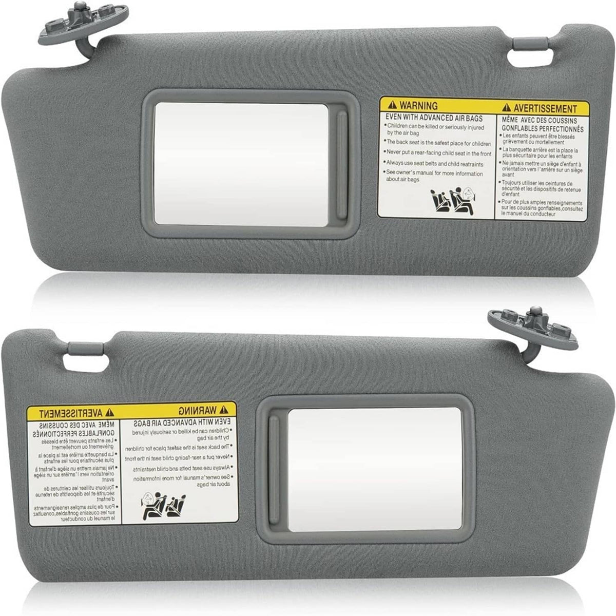 Gray sun visor pair with rectangular mirror openings and mounting clips.