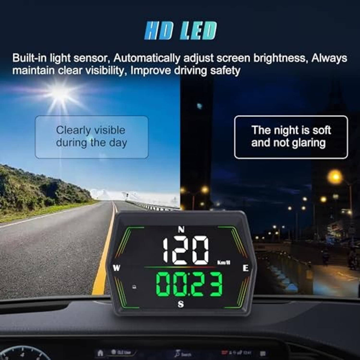 HUD speedometer on dashboard with bright green speed and compass readout