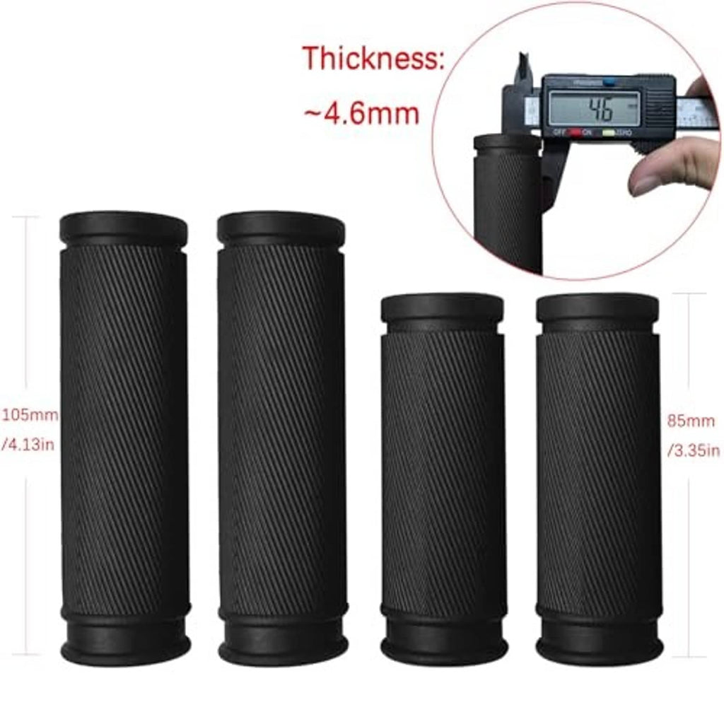 Four black ribbed bike handlebar grips with circular end caps