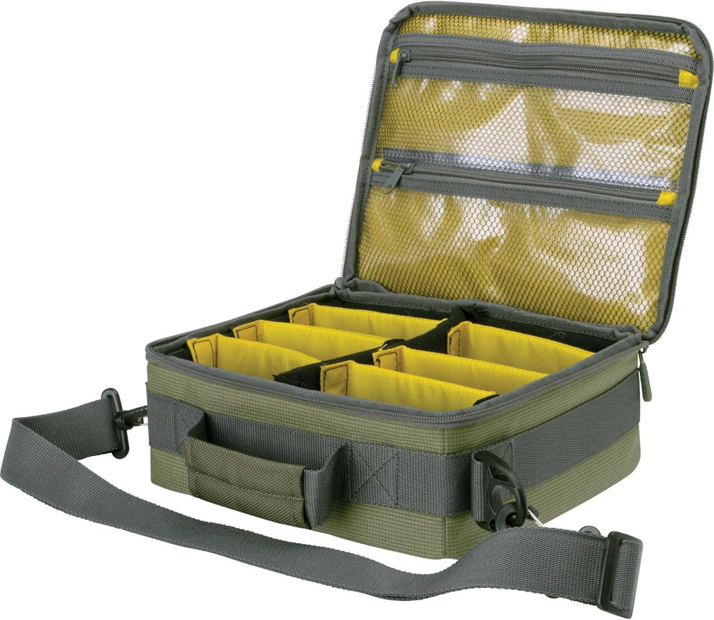 Open fishing gear organizer bag showing padded interior dividers and yellow lining