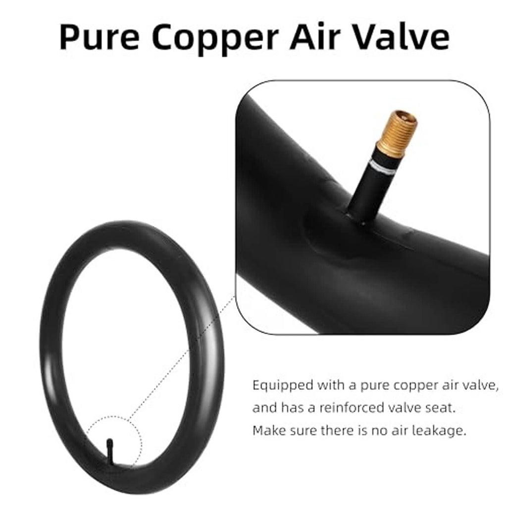 Black inner tube with copper air valve, shown with tire set components