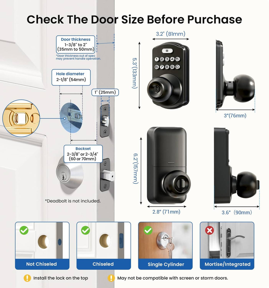 Matte black keypad door lock showing size diagram of keypad and knob