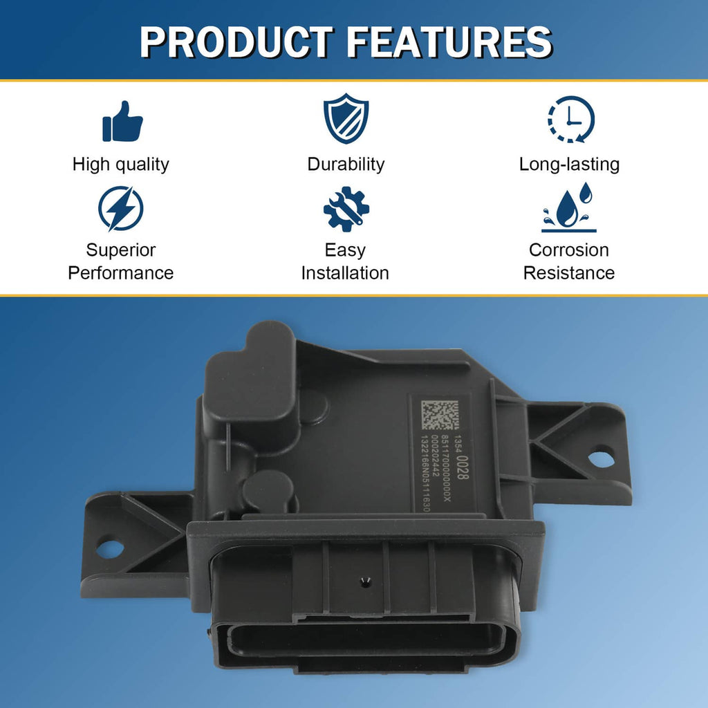 Black fuel pump power control module front view with mounting tabs and sensor label