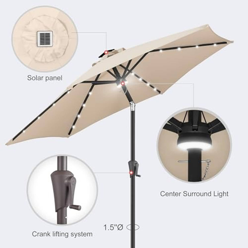 Beige solar umbrella with underside LED lights, solar panel, and center surround light.