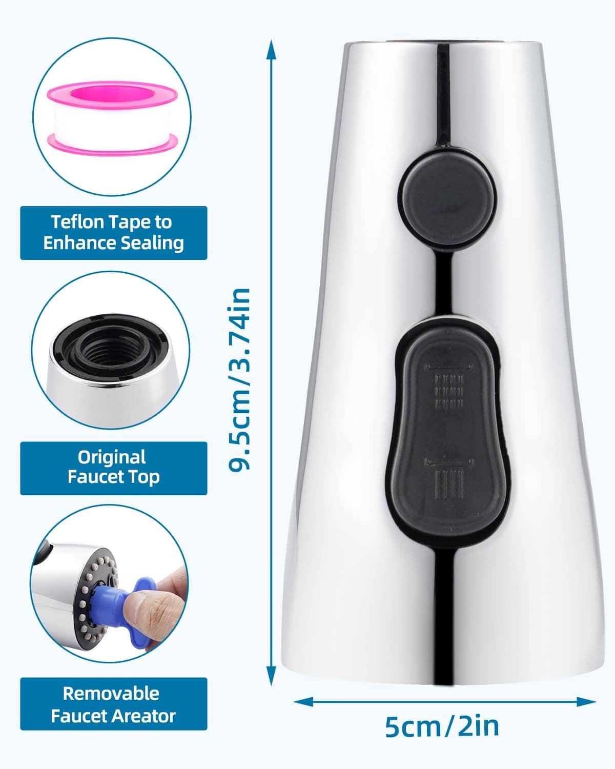 Faucet head with removable aerator and sealing tape, shown with 5cm inlet size