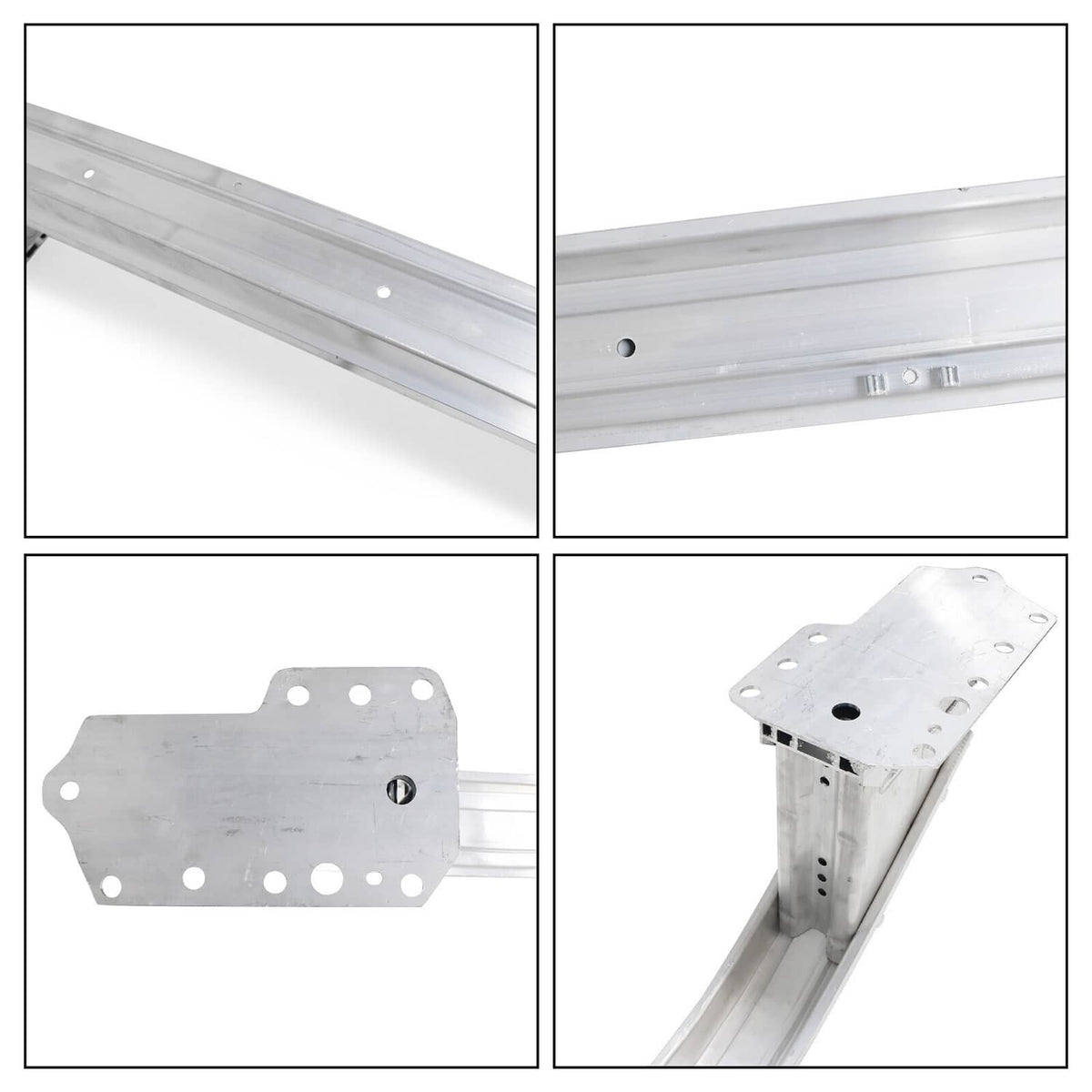 Front bumper reinforcement beam detail, underside rails and end brackets with holes.