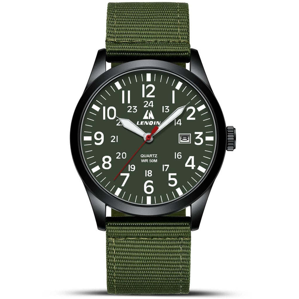 Men's military sport analog watch with green dial, black case, red seconds hand, green strap