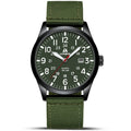 Men's military sport analog watch with green dial, black case, red seconds hand, green strap