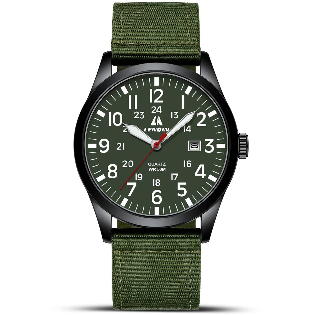 Men's military sport analog watch with green dial, black case, red seconds hand, green strap