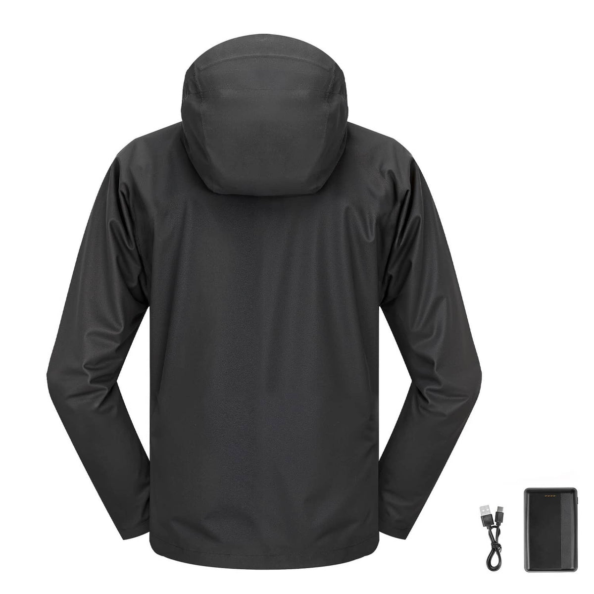 Men's heated jacket, black hooded windproof shell with full-length zipper