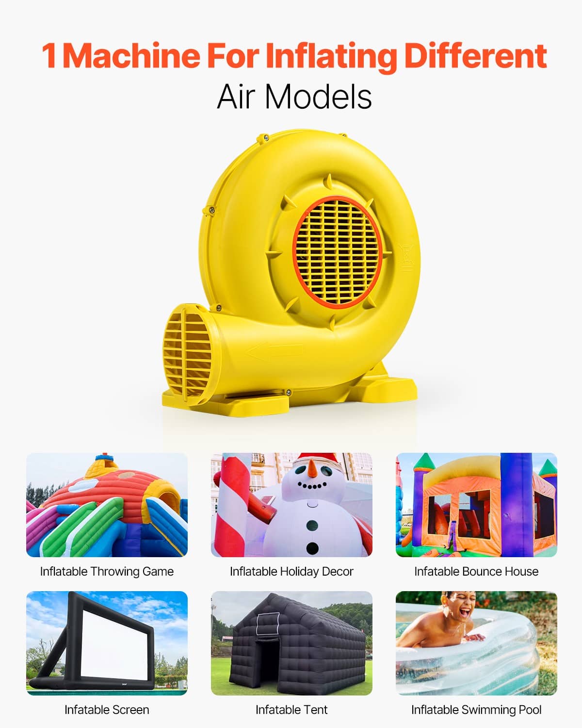 Yellow inflatable air blower with circular fan intake and front side vent grille