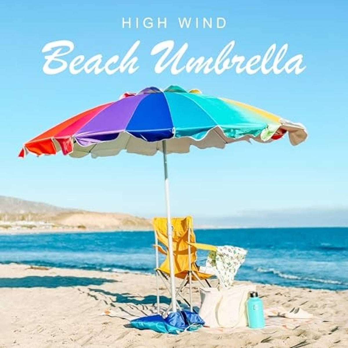 Rainbow beach umbrella with vented top and scalloped canopy, open upright