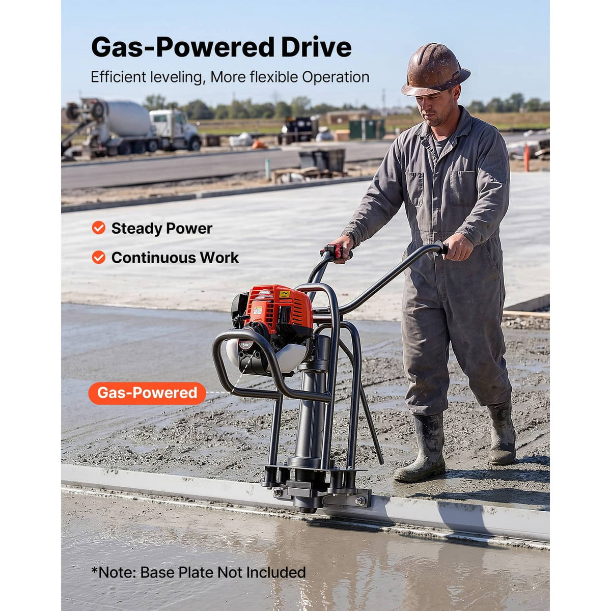 Gas-powered concrete screed machine operating on a concrete slab with worker
