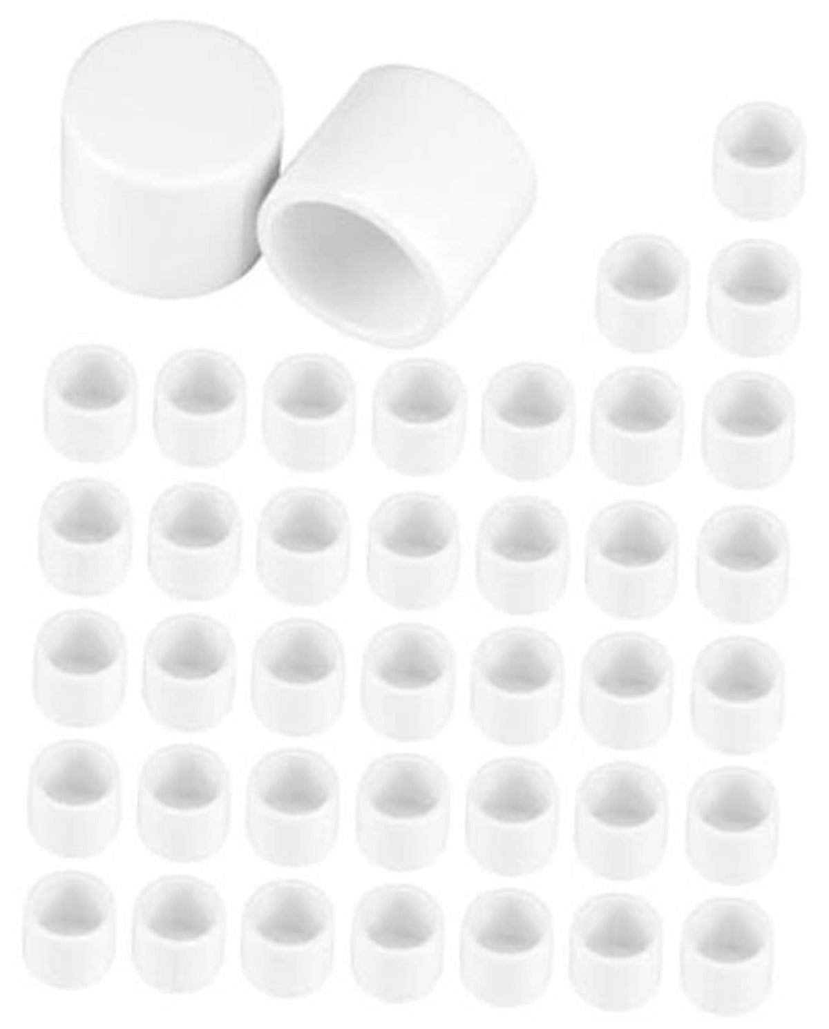 White PVC pipe end caps set with open tube interiors, assorted pack views