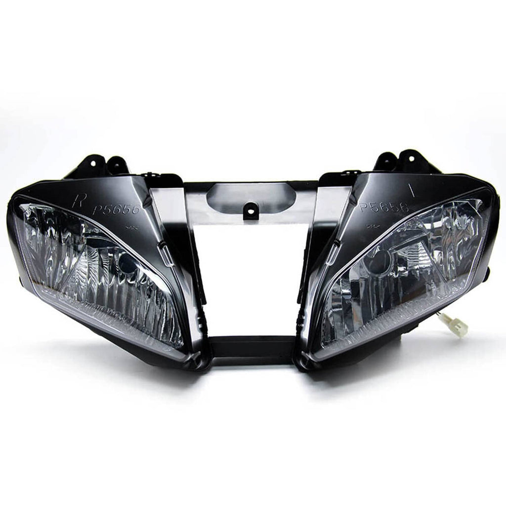 Dual front headlight assembly with clear lenses, black casing, and central support frame