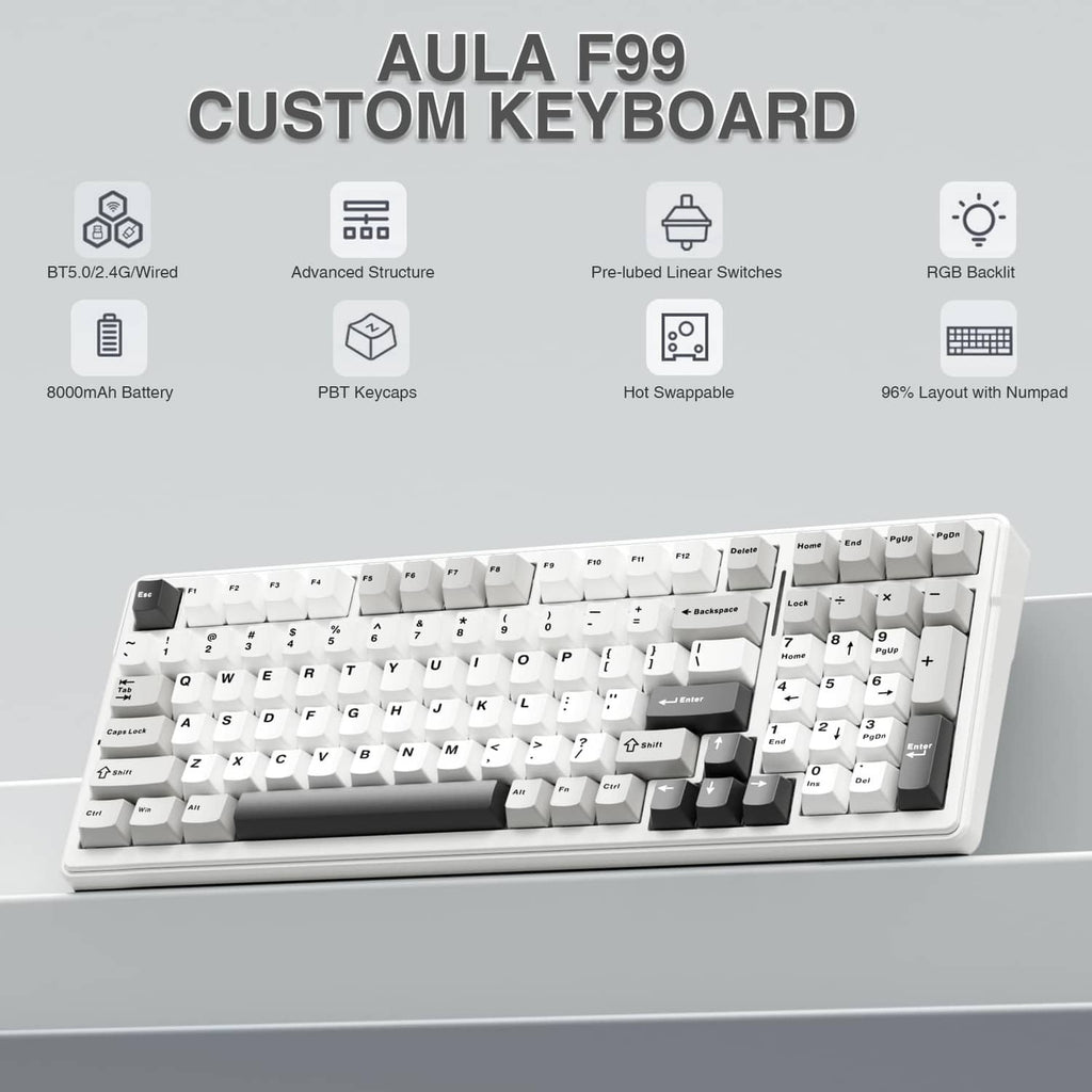 Mechanical keyboard with full top panel, white keys and dark accent keycaps