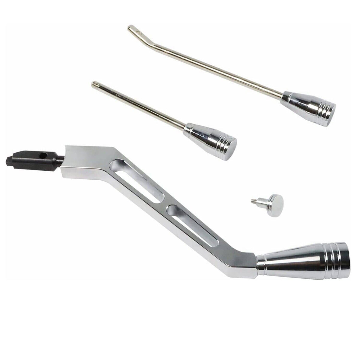 Polished column shifter lever kit with chrome handles, bracket, and small bolt