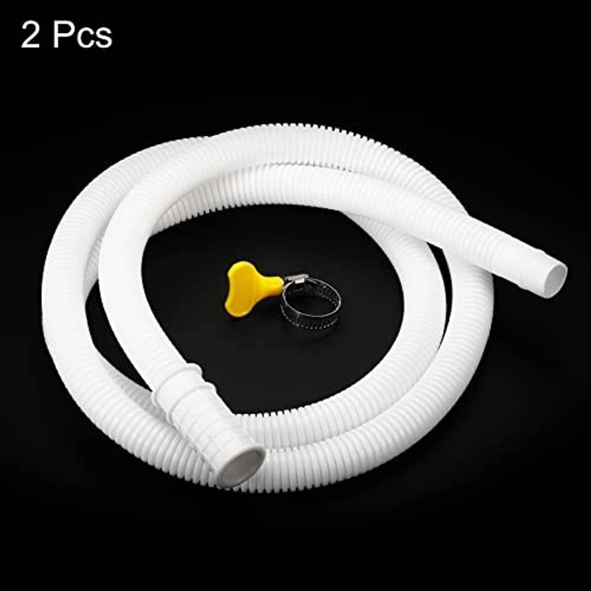Two-piece AC drain hose kit with white corrugated tubing and metal clamp with yellow knob